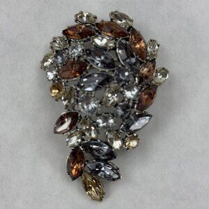 Vintage Large Marquise Rhinestone Leaf-Shaped Brooch Multicolor Crystal Pin